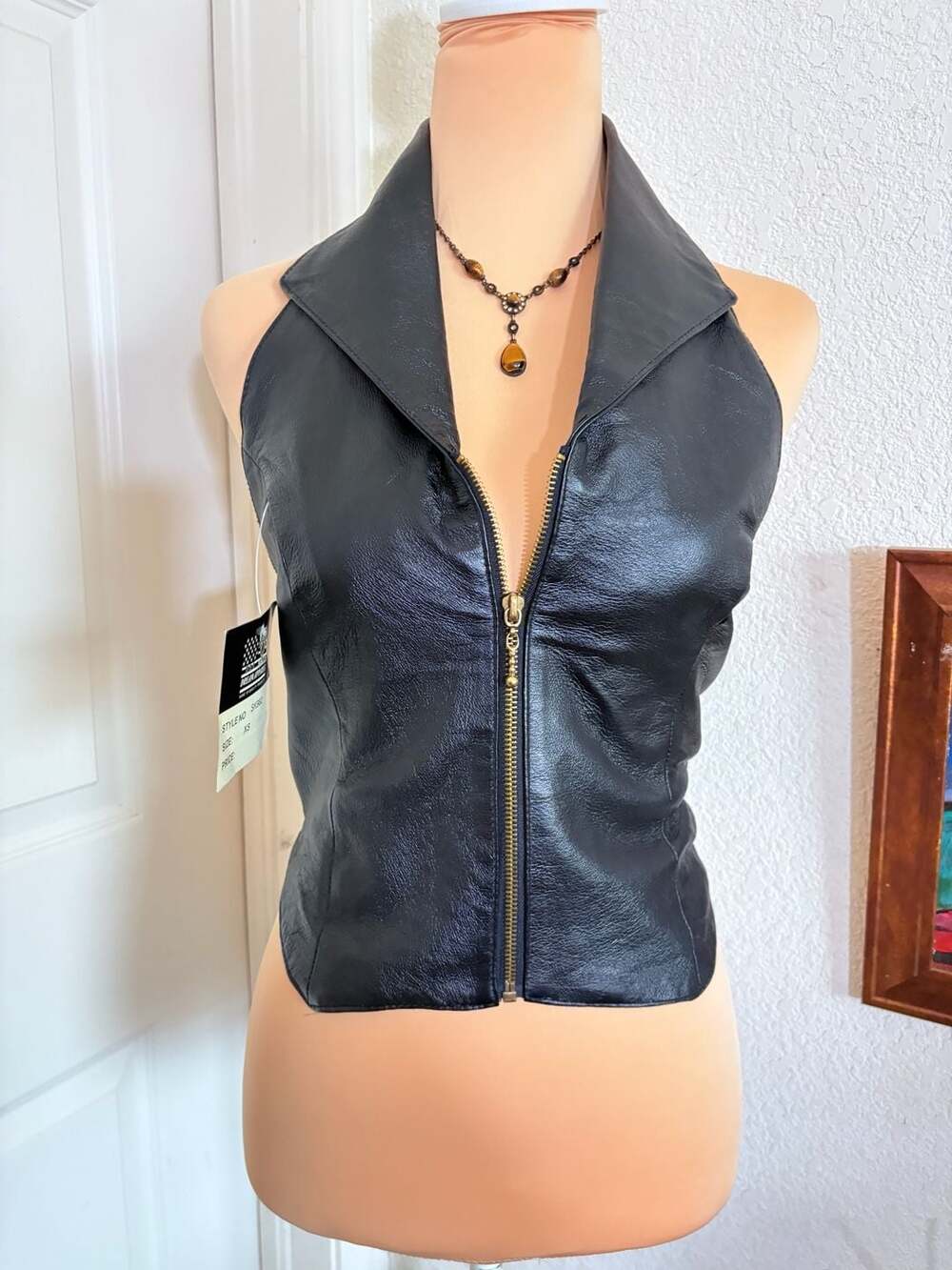 Dream Apparel Halter Top Size XS Black Leather Zip Front Collar Vest